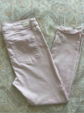 PAIGE Blush Pink Cropped Skinny Jeans with Frayed Hem